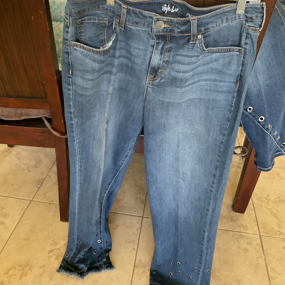 Style & Co. Midwash Blue Straight Crop Jeans with Grommet Hem